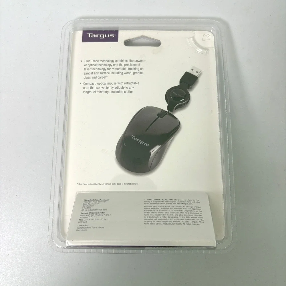 Targus Compact Blue Trace Mouse PC Mac Black Retractable USB Cord AMU625